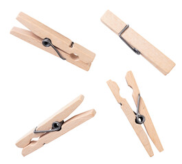 Set of wooden clothespins on a white background. Isolated