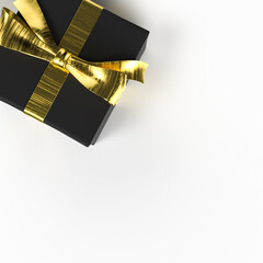 black gift box with golden ribbon and gold christmas balls on the white background, luxury festive 3D illustration, square graphic design for marketing, white copy space, top view
