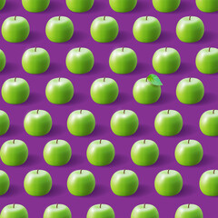 Realistic pattern made of green apples on purple background. Eye-catching apple with leaf. Minimal fruit concept. Vector illustration apples pattern on ultra violet background. Healthy food.