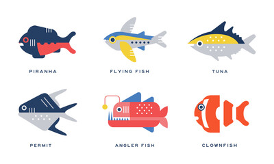 Freshwater and Saltwater Fish as Seafood Depicted in Flat Style Vector Set