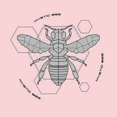 Mystic Bee Geometric Drawing Tattoo or Logo. Blackwork Art. Isolated vector symbol.