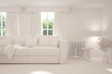 Mock up of stylish room in white color with sofa and green landscape in window. Scandinavian interior design. 3D illustration