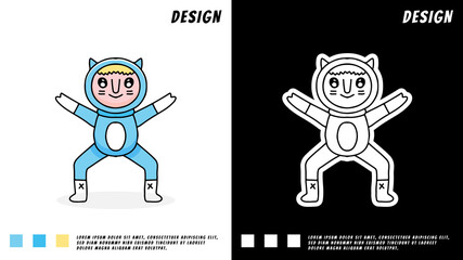 cartoon of boy wearing cat costume with funny pose. illustration for poster, logo, sticker, or apparel merchandise.	
