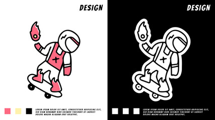 Cosmonaut playing skateboard and holding meteor. illustration for poster, logo, sticker, or apparel merchandise.	
