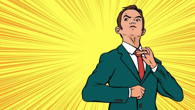 Portrait of a young ambitious businessman. A man in a business suit and tie. Colorful animation in pop art style. Background with place for text