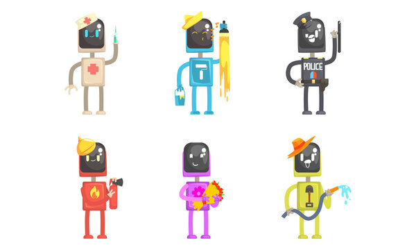 Robot of Different Professions Set, Doctor, Painter, Policeman, Firefighter, Florist, Farmer Cartoon Vector Illustration