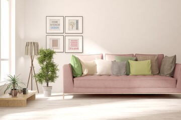 Modern living room in white color with sofa. Scandinavian interior design. 3D illustration