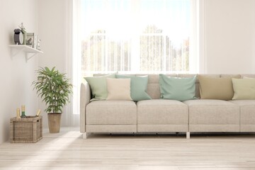 Naklejka premium White living room with sofa. Scandinavian interior design. 3D illustration