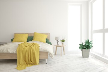 Soft color bedroom interior. Scandinavian design. 3D illustration