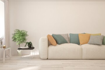 Fototapeta premium White living room with sofa. Scandinavian interior design. 3D illustration
