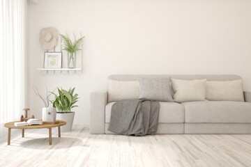 White living room with sofa. Scandinavian interior design. 3D illustration