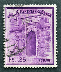 Cancelled postage stamp printed by Pakistan, that shows the gateway of Chota Sona Masjid,...