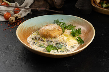 Chicken cutlet with mashed potatoes and mushroom sauce
