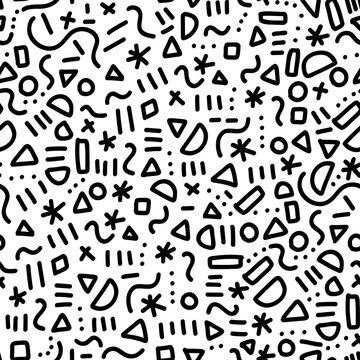 Memphis doodle pattern seamless vector repeat. Cute simple line art background with hand drawn elements black on white. Monochrome memphis style hipster backdrop for fabric, wallpaper, wrapping.