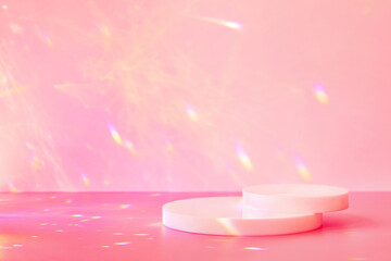 Abstract minimal scene - empty stage, two cylinder podiums on pink background with rainbow crystal...