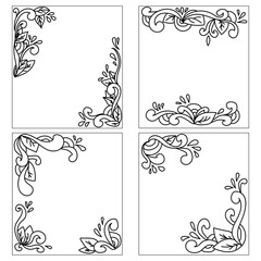 A set of postcards with outline doodle motifs in the form of curl corners