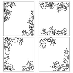A set of postcards with outline doodle motifs in the form of curl corners
