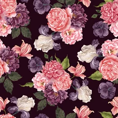 Poster Im Rahmen Seamless pattern with watercolor vintage floral arrangements, isolated on colored background © марина васильева