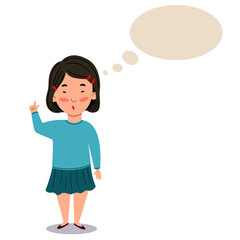 A girl in a blue dress. The child is thinking about an idea. The student thinks about it. cloud for text. Vector illustration on a white isolated background.