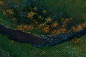 Aerial view top down image of mountain creek on Zlatibor, Serbia