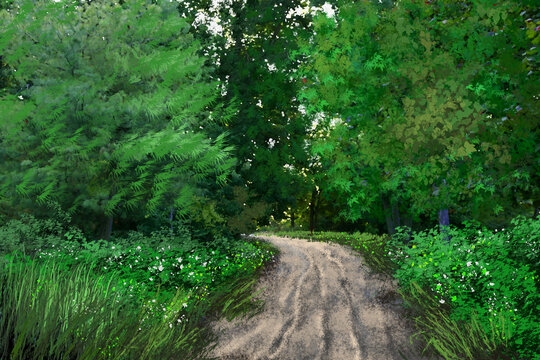 Digital oil paintings landscape, path in the forest. Fine art.