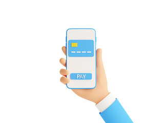 Online payment 3d render illustration. Hand holding mobile phone with credit card and pay button on screen.