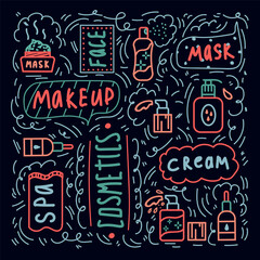 Background with makeup tools for skin care. Inscriptions cosmetics, spa, mask, cream. Cosmetics for self-care, face, hands. A pattern with skin care tools. Vector illustration