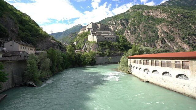 The scenographic Fort Bard in Aosta Valley, northern Italy, on a sunny summer morning.