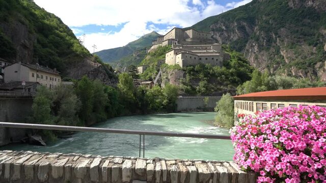 The scenographic Fort Bard in Aosta Valley, northern Italy, on a sunny summer morning.