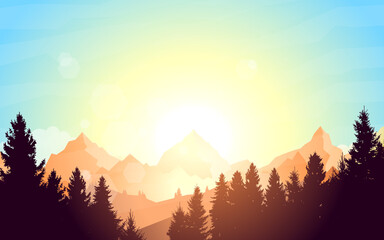 Sunset, sunrise, morning in mountains. Hiking tourism. Adventure. Abstract mountain landscape. Banner with polygonal landscape illustration. Minimalist style background. Flat design.