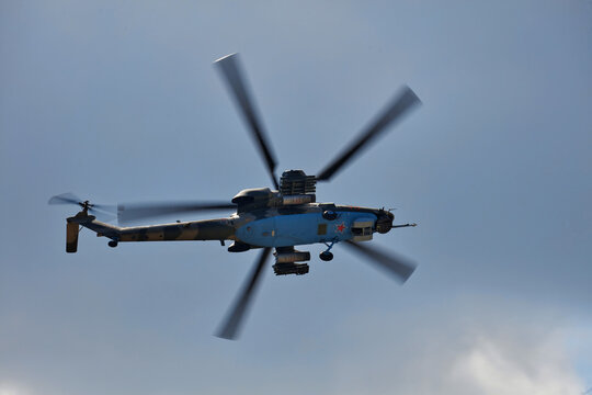 Mil Mi-28 Mi-28NM, codification of NATO: Havoc. Russian all-weather, day-night, military tandem, two-seat anti-armor attack helicopter on MAKS 2019 airshow. ZHUKOVSKY, RUSSIA, AUGUST 27, 2019