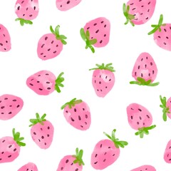 Seamless pattern with watercolor hand drawn cute strawberries on white background.