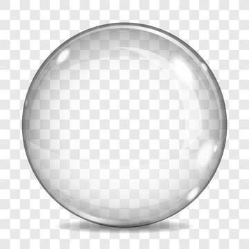 Big transparent glass sphere for a light background, lens with glares and shadow, on a plaid background. 