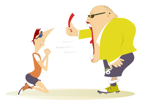 Shouting referee holds a red card and player illustration. 
Angry referee shows a red card tо the player staying on the knee isolated on white
