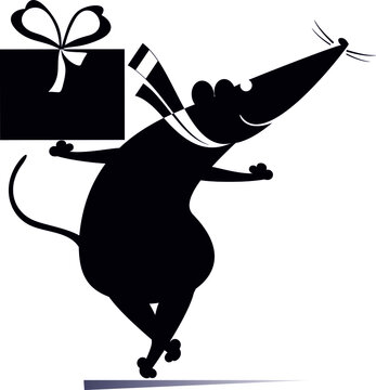 Cartoon rat or mouse holds a present box with ribbon illustration. 
Funny rat or mouse with a gift celebrating birthday or important event black on white
