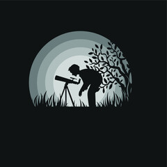 Fototapeta premium Man with Telescope Silhouette Vector Illustration Logo Designs, Sunrise and sunset. Landscape wallpaper. Illustration vector style. Colorful view background