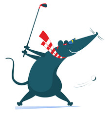 Cartoon rat or mouse plays golf illustration. 
Funny rat or mouse tries to do a good kick isolated on white
