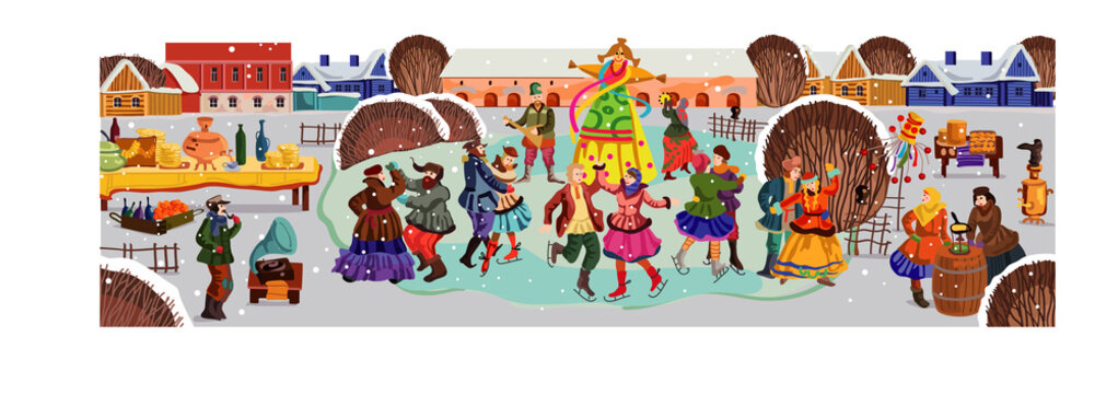 
Russian folk art vector. Russian festivities in the city for the Maslenitsa holiday: ice skating, dancing around a straw effigy, a feast with pancakes.