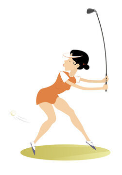 Young golfer woman on the golf course illustration.
Pretty golfer woman with a golf club isolated on white
