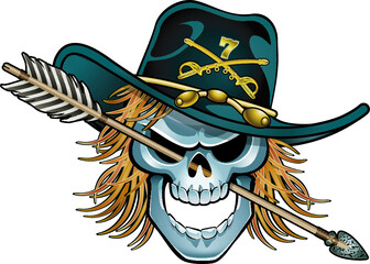 human skull with cavalry hat and arrow through the head