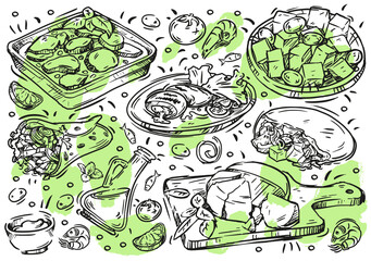 Hand drawn line vector illustration food. Doodle Greek cuisine on white board: olives and olive oil, moussaka, grilled meat, gyros, souvlaki, hummus, cheese, greek salad, sauce