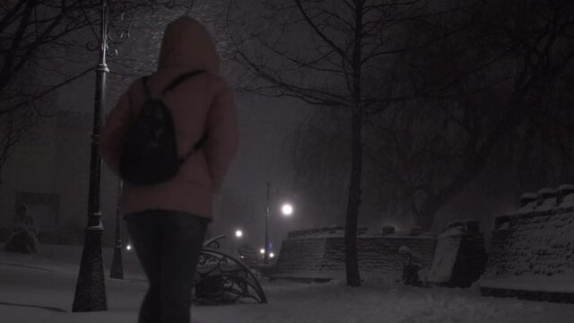 City street in snow storm in the night. An alone woman walk in the winter park during storm time.