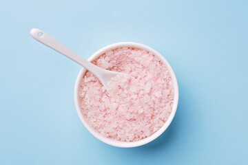 aromatic Lavender Himalayan sea salt. Top view, copy space. Home spa. Aromatherapy