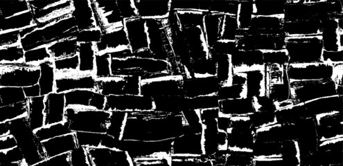 Monochrome texture composed of irregular graphic elements. Distressed uneven grunge background. Abstract vector illustration. Overlay for interesting effect and depth. Isolated on white background