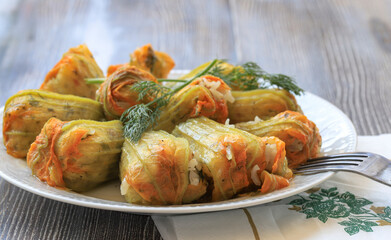 Traditional delicious Turkish - Greek cuisine, Turkish food; Stuffed zucchini flowers (Turkish name; kabak cicegi dolmasi)