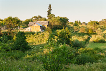 Fototapeta na wymiar Brick house on the background of a green landscape.