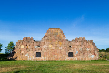 Fototapeta na wymiar Front view of the ruins of the fortress of Bomarsund in Åland Islands, Finland, on a sunny morning in the summer.