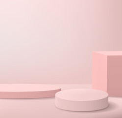 Abstract minimalistic background with podiums in pink colors. Empty pedestals for product display.