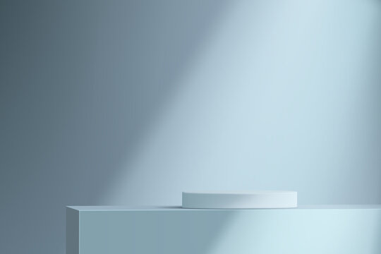 Minimalistic blue background with a pedestal. Empty cylindrical podium for product demonstration with a beam of light.