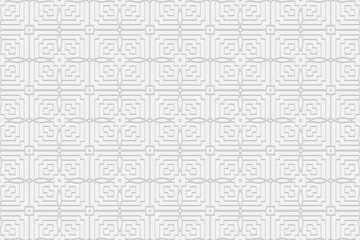 3D volumetric convex embossed white background. Ethnic Arabic geometric pattern with handmade elements. Ornament for design and decor, textiles, wallpapers, presentations, business cards.